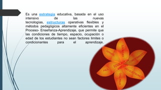 Es una estrategia educativa, basada en el uso
intensivo de las nuevas
tecnologías, estructuras operativas flexibles y
métodos pedagógicos altamente eficientes en el
Proceso- Enseñanza-Aprendizaje, que permite que
las condiciones de tiempo, espacio, ocupación o
edad de los estudiantes no sean factores limites o
condicionantes para el aprendizaje.
 