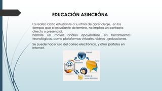 EDUCACIÓN ASINCRÓNA
Lo realiza cada estudiante a su ritmo de aprendizaje, en los
tiempos que el estudiante determine, no implica un contacto
directo o presencial.
Permite un mayor análisis apoyándose en herramientas
tecnológicas, como plataformas virtuales, videos , grabaciones.
Se puede hacer uso del correo electrónico, y otros portales en
Internet.
 