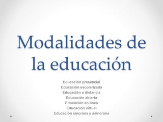 Modalidades de
la educación
Educación presencial
Educación escolarizada
Educación a distancia
Educación abierta
Educación en línea
Educación virtual
Educación síncrona y asíncrona
 
