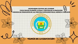 UNIVERSIDAD CENTRAL DEL ECUADOR
FACULTAD DE FILOSOFÍA, LETRAS Y CIENCIAS DE LA EDUCACIÓN
CARRERA DE PEDAGOGÍA DE LAS CIENCIAS EXPERIMENTALES, QUÍMICA Y BIOLOGÍA
TEORÍA DE LA EDUCACIÓN
 