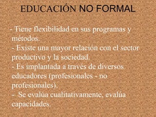 EDUCACIÓN NO FORMAL
- Tiene flexibilidad en sus programas y
métodos.
- Existe una mayor relación con el sector
productivo y la sociedad.
- Es implantada a través de diversos
educadores (profesionales - no
profesionales).
- Se evalúa cualitativamente, evalúa
capacidades.
 
