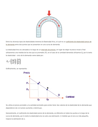 Entre los diversos tipos de elasticidades tenemos la Elasticidad Arco, el cual es un coeficiente de elasticidad-precio de
la demanda entre dos puntos que se presentan en una curva de demanda.


La elasticidad Arco es calculada a lo largo de un intervalo de precios, en lugar de elegir el precio inicial o final

utilizaremos una medida de los dos que es promedio (P), en el caso de la cantidad demanda utilizamos Q, por lo tanto
la elasticidad – arco de la demanda viene dada por:




Gráficamente, se representa:




Se utiliza el precio promedio y la cantidad promedio para evitar tener dos valores de la elasticidad de la demanda que
dependieron de si el precio aumenta o disminuye.


Generalmente, el coeficiente de elasticidad-precio de la demanda, es diferente en todos los puntos a lo largo de la

curva de demanda, por lo tanto la elasticidad arco es solo una estimación. A medida que el arco es más pequeño,
mejora la estimación de e.
 