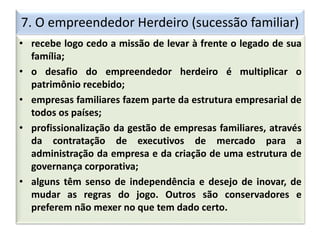 7. O empreendedor Herdeiro (sucessão familiar)
• recebe logo cedo a missão de levar à frente o legado de sua
família;
• o desafio do empreendedor herdeiro é multiplicar o
patrimônio recebido;
• empresas familiares fazem parte da estrutura empresarial de
todos os países;
• profissionalização da gestão de empresas familiares, através
da contratação de executivos de mercado para a
administração da empresa e da criação de uma estrutura de
governança corporativa;
• alguns têm senso de independência e desejo de inovar, de
mudar as regras do jogo. Outros são conservadores e
preferem não mexer no que tem dado certo.
 