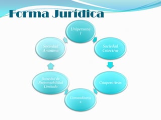 Forma Jurídica
                      Unipersona
                           l


      Sociedad                        Sociedad
      Anónima                         Colectiva




      Sociedad de
    Responsabilidad                  Cooperativas
       Limitada


                      Comanditaria
                          s
 