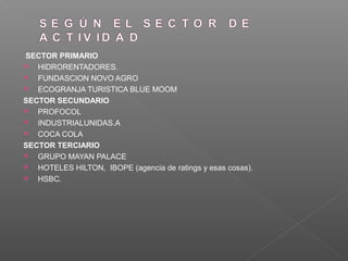 SECTOR PRIMARIO
 HIDRORENTADORES.
 FUNDASCION NOVO AGRO
 ECOGRANJA TURISTICA BLUE MOOM

SECTOR SECUNDARIO
 PROFOCOL
 INDUSTRIALUNIDAS.A
 COCA COLA

SECTOR TERCIARIO
 GRUPO MAYAN PALACE
 HOTELES HILTON, IBOPE (agencia de ratings y esas cosas).
 HSBC.
 