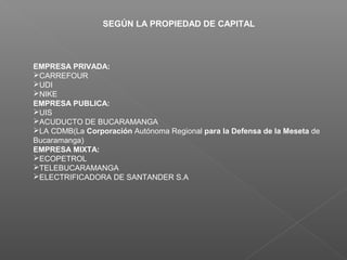SEGÚN LA PROPIEDAD DE CAPITAL



EMPRESA PRIVADA:
CARREFOUR
UDI
NIKE
EMPRESA PUBLICA:
UIS
ACUDUCTO DE BUCARAMANGA
LA CDMB(La Corporación Autónoma Regional para la Defensa de la Meseta de
Bucaramanga)
EMPRESA MIXTA:
ECOPETROL
TELEBUCARAMANGA
ELECTRIFICADORA DE SANTANDER S.A
 