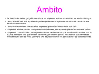 Ambito 
● En función del ámbito geográfico en el que las empresas realizan su actividad, se pueden distinguir: 
● Empresas locales: son aquellas empresas que venden sus productos o servicios dentro de una 
localidad determinada. 
● Empresas nacionales: son aquellas empresas que actúan dentro de un solo país. 
● Empresas multinacionales: o empresas internacionales, son aquellas que actúan en varios países. 
● Empresas Trasnacionales: las empresas transnacionales son las que no solo están establecidas en 
su país de origen, sino que también se constituyen en otros países, para realizar sus actividades 
mercantiles no sólo de venta y compra, sino de producción en los países donde se han establecido. 
 