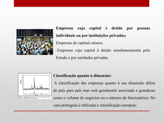 Empresas cujo capital é detido por pessoas individuais ou por instituições privadas;Empresas de capitais mistos: Empresas cujo capital é detido simultaneamente pelo Estado e por entidades privadas.Classificação quanto à dimensão: A classificação das empresas quanto à sua dimensão difere de país para país mas está geralmente associada a grandezas como o volume de negócios ou o número de funcionários. No caso português é utilizada a classificação europeia: