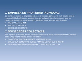  EMPRESA DE PROPIEDAD INDIVIDUAL:
Se llama así cuando la empresa pertenece a una sola persona, la cual, asume toda la
responsabilidad del negocio y responde a las obligaciones del mismo con todo su
patrimonio; quiere decir que su responsabilidad frente a terceros es ilimitada
 MERCO SAN FERMIN
 MULTIELECTRONICA
 BOBINADOS SIEMENS

 SOCIEDADES COLECTIVAS:
Son aquellas que tratan de una sociedad externa que actúa y responde frente a terceros
como una persona distinta a la de sus socios
 COMERCIALIZADORA JIMENEZ, MARTINEZ & CIA
 COLECTIVA COMERCIAL JORGE Y MARIO MEYER BUSCHMANN
 SANTANDEREANA DE INGENIERIA Y CONSTRUCCION Y CIA
 