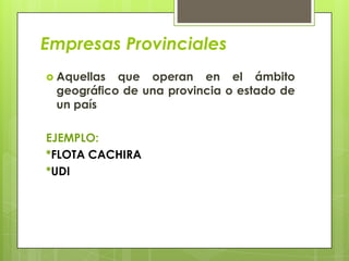 Empresas Provinciales
 Aquellas que operan en el ámbito
 geográfico de una provincia o estado de
 un país

EJEMPLO:
*FLOTA CACHIRA
*UDI
 