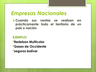 Empresas Nacionales
 Cuando   sus ventas se realizan en
 prácticamente todo el territorio de un
 país o nación

EJEMPLO:
*Redeban Multicolor
*Gases de Occidente
*seguros bolívar
 