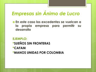 Empresas sin Ánimo de Lucro
 Eneste caso los excedentes se vuelcan a
 la propia empresa para permitir su
 desarrollo

EJEMPLO:
*SUEÑOS SIN FRONTERAS
*CAFAM
*MANOS UNIDAS POR COLOMBIA
 