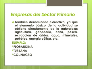 Empresas del Sector Primario
 También   denominado extractivo, ya que
  el elemento básico de la actividad se
  obtiene directamente de la naturaleza:
  agricultura, ganadería, caza, pesca,
  extracción de áridos, agua, minerales,
  petróleo, energía eólica, etc.
EJEMPLO:
*FLORANDINA
*TURBANA
*COLINAGRO
 
