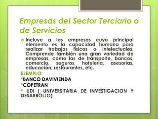 Empresas del Sector Terciario o
de Servicios
 Incluye a las empresas cuyo principal
  elemento es la capacidad humana para
  realizar trabajos físicos o intelectuales.
  Comprende también una gran variedad de
  empresas, como las de transporte, bancos,
  comercio, seguros, hotelería, asesorías,
  educación, restaurantes, etc.
EJEMPLO:
*BANCO DAVIVIENDA
*COPETRAN
* UDI ( UNIVERSITARIA DE INVESTIGACION Y
DESARROLLO)
 