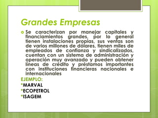 Grandes Empresas
  Se caracterizan por manejar capitales y
   financiamientos grandes, por lo general
   tienen instalaciones propias, sus ventas son
   de varios millones de dólares, tienen miles de
   empleados de confianza y sindicalizados,
   cuentan con un sistema de administración y
   operación muy avanzado y pueden obtener
   líneas de crédito y préstamos importantes
   con instituciones financieras nacionales e
   internacionales
EJEMPLO:
*MARVAL
*ECOPETROL
*ISAGEM
 