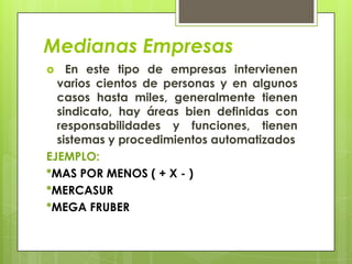 Medianas Empresas
   En este tipo de empresas intervienen
  varios cientos de personas y en algunos
  casos hasta miles, generalmente tienen
  sindicato, hay áreas bien definidas con
  responsabilidades y funciones, tienen
  sistemas y procedimientos automatizados
EJEMPLO:
*MAS POR MENOS ( + X - )
*MERCASUR
*MEGA FRUBER
 