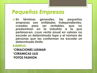 Pequeñas Empresas
 En términos generales, las pequeñas
  empresas son entidades independientes,
  creadas para ser rentables, que no
  predominan en la industria a la que
  pertenecen, cuya venta anual en valores no
  excede un determinado tope y el número de
  personas que las conforman no excede un
  determinado límite
EJEMPLO:
*CREACIONES LUSIMAR
*CERAMICAS LILIS
*FOTOS FASHION
 