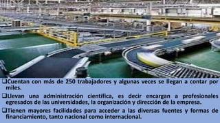 Cuentan con más de 250 trabajadores y algunas veces se llegan a contar por
miles.
Llevan una administración científica, es decir encargan a profesionales
egresados de las universidades, la organización y dirección de la empresa.
Tienen mayores facilidades para acceder a las diversas fuentes y formas de
financiamiento, tanto nacional como internacional.
 