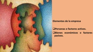 Elementos de la empresa
Personas o factores activos.
Bienes económicos o factores
pasivos.
 