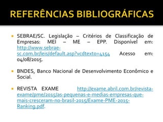  SEBRAE/SC. Legislação – Critérios de Classificação de
Empresas: MEI – ME – EPP. Disponível em:
http://www.sebrae-
sc.com.br/leis/default.asp?vcdtexto=4154 Acesso em:
04/08/2015.
 BNDES, Banco Nacional de Desenvolvimento Econômico e
Social.
 REVISTA EXAME http://exame.abril.com.br/revista-
exame/pme/2015/as-pequenas-e-medias-empresas-que-
mais-cresceram-no-brasil-2015/Exame-PME-2015-
Ranking.pdf.
 