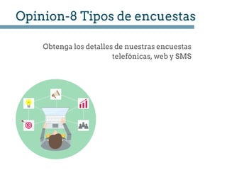 Opinion­8 Tipos de encuestas
Obtenga los detalles de nuestras encuestas
telefónicas, web y SMS
 