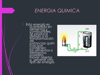 ENERGIA QUIMICA
 Esta energía es
la retenida en
alimentos y
combustibles,
Se produce
debido a la
transformación
de
sustancias quím
icas que
contienen
los alimentos o
elementos, 
posibilita 
mover objetos
o  generar otro
tipo de energía.
 