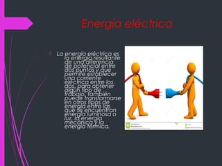 Energía eléctrica
 La energía eléctrica es
la energía resultante
de una diferencia
de potencial entre
dos puntos y que
permite establecer
una corriente
eléctrica entre los
dos, para obtener
algún tipo de
trabajo, también
puede transformarse
en otros tipos de
energía entre las
que se encuentran
energía luminosa o
luz, la energía
mecánica y la
energía térmica.
 
