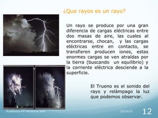 ¿Que rayos es un rayo?

                               Un rayo se produce por una gran
                               diferencia de cargas eléctricas entre
                               dos masas de aire, las cuales al
                               encontrarse, chocan, y las cargas
                               eléctricas entre en contacto, se
                               transfieren producen iones, estas
                               enormes cargas se ven atraídas por
                               la tierra (buscando un equilibrio) y
                               la corriente eléctrica desciende a la
                               superficie.


                                         El Trueno es el sonido del
                                         rayo y relámpago la luz
                                         que podemos observar.


Academica Mª Hortencia Soto                            15/12/12
                                                                  12
 