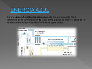 La energía azul o potencia osmótica es la energía obtenida por la
diferencia en la concentración de la sal entre el agua de mar y el agua de río.
El residuo en este proceso es únicamente agua salada.
 