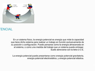 TENCIAL
En un sistema físico, la energía potencial es energía que mide la capacidad
que tiene dicho sistema para realizar un trabajo en función exclusivamente de
su posición o configuración. Puede pensarse como la energía almacenada en
el sistema, o como una medida del trabajo que un sistema puede entregar.
Suele abreviarse con la letra U o E.
La energía potencial puede presentarse como energía potencial gravitatoria,
energía potencial electrostática, y energía potencial elástica.
 
