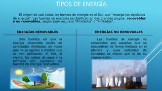 TIPOS DE ENERGÍA
El origen de casi todas las fuentes de energía es el Sol, que "recarga los depósitos
de energía". Las fuentes de energías se clasifican en dos grandes grupos: renovables
y no renovables; según sean recursos "ilimitados" o "limitados".
ENERGÍAS RENOVABLES
Son fuentes en que la
energía disponible existe en
cantidades ilimitadas, de modo
que no se agotan a medida que
se van utilizando. El Sol, el
viento, las caídas de agua y la
biomasa son ejemplos de
fuentes de energía renovables.
ENERGÍAS NO RENOVABLES
Las Fuentes de energía no
renovables son aquellas que se
encuentran de forma limitada en el
planeta y cuya velocidad de
consumo es mayor que la de su
regeneración.
 