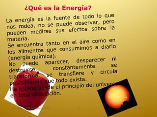 ¿Qué es la Energía?
                                              ue
                        ente de todo lo q
La energía es la fu                             o
                       pu  ede observar, per
nos rodea, no se                          bre la
pueden medirs      e sus efectos so
materia.                                    o en
Se encuentra tan      to en el aire com
                                              rio
                         consumimos a dia
 los alimentos que
 (energía química).                               i
                         ce r, desparecer n
  No puede apare                                se
  destruirse,        constantemente
                                               ula
                        transfiere y circ
  transforma, se
                                 ista.
  posibilitando que todo ex                       o
                        l  principio del univers
  Ha estado desde e
                         .
   en total circulación

  Academica Mª Hortencia Soto   9                     16/01/13
 