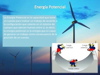 La Energía Potencial es la capacidad que tiene
un cuerpo para realizar un trabajo de acuerdo a
la configuración que ostente en el sistema de
cuerpos que ejercen fuerzas entre sí, es decir,
la energía potencial es la energía que es capaz
de generar un trabajo como consecuencia de la
posición de un cuerpo.
 