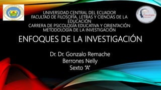 UNIVERSIDAD CENTRAL DEL ECUADOR
FACULTAD DE FILOSOFÍA, LETRAS Y CIENCIAS DE LA
EDUCACIÓN
CARRERA DE PSICOLOGÍA EDUCATIVA Y ORIENTACIÓN
METODOLOGÍA DE LA INVESTIGACIÓN
ENFOQUES DE LA INVESTIGACIÓN
Dr. Dr. Gonzalo Remache
Berrones Nelly
Sexto “A”
 