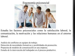 Estudia los factores psicosociales como la satisfacción laboral, la
comunicación, la motivación y las relaciones humanas en el entorno
laboral.
Análisis de conflictos en equipos de trabajo.
Detección de necesidades formativas y posibilidades de promoción.
Propuesta de modelos de comunicación en una empresa.
Estudio de la intervención del trabajador en el proceso productivo.
10
 