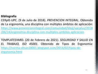 Bibliografía
CERpIE-UPC. (9 de Julio de 2018). PREVENCION INTEGRAL. Obtenido
de La ergonomía, una disciplina con múltiples ámbitos de aplicación:
https://www.prevencionintegral.com/comunidad/blog/upcplus/2018
/06/14/ergonomia-disciplina-con-multiples-ambitos-aplicacion
TEMPLATESYARD. (20 de Febrero de 2021). SEGURIDAD Y SALUD EN
EL TRABAJO, ISO 45001. Obtenido de Tipos de Ergonomía:
https://norma-ohsas18001.blogspot.com/2014/02/tipos-de-
ergonomia.html
14
 