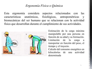 Esta ergonomía considera aspectos relacionados con las
características anatómicas, fisiológicas, antropométricas y
biomecánicas del ser humano que se relacionan con la actividad
física que desarrollan durante el cumplimiento de sus actividades.
Estimación de la carga máxima
manipulable por una persona en
función de su edad y su formación.
Limitación de la carga a
transportar en función del peso, el
tiempo y el trayecto.
Calculo del consumo energético en
kilocalorías de una actividad
determinada
5
 