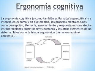La ergonomía cognitiva (o como también es llamada 'cognoscitiva') se 
interesa en el cómo y en qué medida, los procesos mentales tales 
como percepción, Memoria, razonamiento y respuesta motora afectan 
las interacciones entre los seres humanos y los otros elementos de un 
sistema. Tales como la tríada ergonómica (humano-máquina-ambiente). 
 