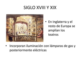 SIGLO XVIII Y XIX
• En Inglaterra y el
resto de Europa se
amplían los
teatros
• Incorporan iluminación con lámparas de gas y
posteriormente eléctricas
 