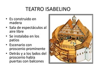 TEATRO ISABELINO
• Es construido en
madera
• Sala de espectáculos al
aire libre
• Se instalaba en los
patios
• Escenario con
proscenio prominente
• Detrás y a los lados del
proscenio había
puertas con balcones
 