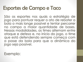 Esportes de Campo e Taco
São os esportes nos quais a estratégia de
jogo para pontuar requer o ato de rebater a
bola o mais longe possível e tentar percorrer
no campo a maior quantidade de bases.
Nessas modalidades, os times alternam entre
ataque e defesa e, no início do jogo, o time
que está defendendo sempre começa com
a posse da bola para que a dinâmica do
jogo seja possível.
Exemplo:
 