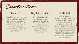 Características
Vantagens
Os benefícios do
neoliberalismo envolvem a
diminuicão de impostos
para a implantacão
empresas através da
reducão da participacão do
Estado no mercado com a
privatizacão das empresas
estatais. Isso também gera
reducão dos gastos do
Estado com funcionários,
dentre outros.
Implementacão
O neoliberalismo foi
implementado no
mundo na década de
70 em resposta à crise
do petróleo, que
tornara os gastos com
bem-estar sociais
onerosos para os
governos.
O que é?
O neoliberalismo defende a
mínima intervencão do
governo no mercado de
trabalho, a privatizacão de
empresas estatais, a livre
circulacão de capitais
internacionais e ênfase na
globalizacão.
 