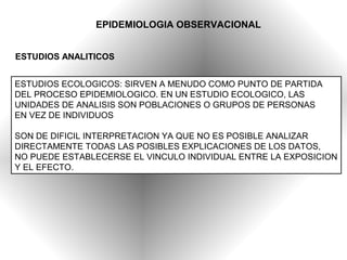 EPIDEMIOLOGIA OBSERVACIONAL


ESTUDIOS ANALITICOS


ESTUDIOS ECOLOGICOS: SIRVEN A MENUDO COMO PUNTO DE PARTIDA
DEL PROCESO EPIDEMIOLOGICO. EN UN ESTUDIO ECOLOGICO, LAS
UNIDADES DE ANALISIS SON POBLACIONES O GRUPOS DE PERSONAS
EN VEZ DE INDIVIDUOS

SON DE DIFICIL INTERPRETACION YA QUE NO ES POSIBLE ANALIZAR
DIRECTAMENTE TODAS LAS POSIBLES EXPLICACIONES DE LOS DATOS,
NO PUEDE ESTABLECERSE EL VINCULO INDIVIDUAL ENTRE LA EXPOSICION
Y EL EFECTO.
 