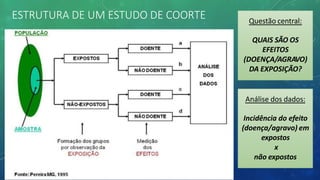 ESTRUTURA DE UM ESTUDO DE COORTE Questão central:
QUAIS SÃO OS
EFEITOS
(DOENÇA/AGRAVO)
DA EXPOSIÇÃO?
Análise dos dados:
Incidência do efeito
(doença/agravo) em
expostos
x
não expostos
 