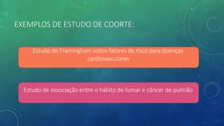 EXEMPLOS DE ESTUDO DE COORTE:
Estudo de Framingham sobre fatores de risco para doenças
cardiovasculares
Estudo de associação entre o hábito de fumar e câncer de pulmão
 