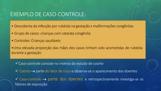 EXEMPLO DE CASO-CONTROLE:
• Descoberta da infecção por rubéola na gestação x malformações congênitas
• Grupo de casos: crianças com catarata congênita
• Controles: Crianças saudáveis
•Uma elevada proporção das mães dos casos tinham sido acometidas de rubéola
durante a gestação
üCaso-controle consiste no inverso do estudo de coorte
ü Coorte ® parte do fator de risco e observa-se o aparecimento dos doentes
ü Caso-controle ® parte dos doentes e retrospectivamente investiga-se os
fatores de exposição
 