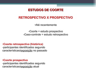 ESTUDOS DE COORTEESTUDOS DE COORTE
RETROSPECTIVO X PROSPECTIVO
•Até recentemente
-Coorte = estudo prospectivo
-Caso-controle = estudo retrospectivo
•Coorte retrospectiva (histórica)
-participantes identificados segundo
características/exposição no passado
•Coorte prospectiva
-participantes identificados segundo
características/exposição atual
 