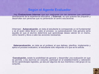 Según el Agente Evaluador
  Hay Evaluaciones Internas que son realizadas por las personas que participan
directamente de la experiencia educativa, y Externas, en que quienes las preparan y
desarrollan son personas que no pertenecen al centro educacional.




(Internas): Autoevaluación, en ésta al estudiante le corresponde un rol fundamental
y es él quien debe llevar a cabo el proceso. La autoevaluación más genuina sería
aquella en que el alumno determina qué aprendizaje desea valorar en sí mismo,
cómo hacerlo y lleva a cabo las acciones necesarias.




 Heteroevaluación, en ésta es el profesor el que delinea, planifica, implementa y
aplica el proceso evaluativo, el estudiante sólo responde a lo que se le solicita.




Coevaluación, existe la posibilidad de generar y desarrollar una evaluación en que
se permita, a los alumnos en conjunto, participar en el establecimiento y valoración
de los aprendizajes logrados, ya sea por algunos de sus miembros o del grupo en su
conjunto.
 