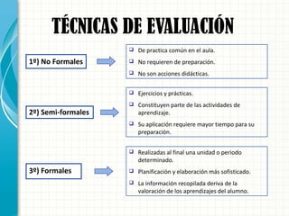 TÉCNICAS DE EVALUACIÓN
1º) No Formales
2º) Semi-formales
3º) Formales
 De practica común en el aula.
 No requieren de preparación.
 No son acciones didácticas.
 Ejercicios y prácticas.
 Constituyen parte de las actividades de
aprendizaje.
 Su aplicación requiere mayor tiempo para su
preparación.
 Realizadas al final una unidad o periodo
determinado.
 Planificación y elaboración más sofisticado.
 La información recopilada deriva de la
valoración de los aprendizajes del alumno.
 