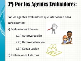 3º) Por los Agentes Evaluadores:
Por los agentes evaluadores que intervienen o los
participantes:
a) Evaluaciones Internas
a.1.) Autoevaluación
a.2.) Heteroevaluación
a.3.) Coevaluacion
b) Evaluaciones Externas
 